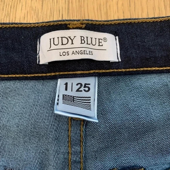 Judy Blue Dark Blue High Waist Super Flare Jeans Frayed Raw Hem Stretch Sz 1/25 - Picture 5 of 14
